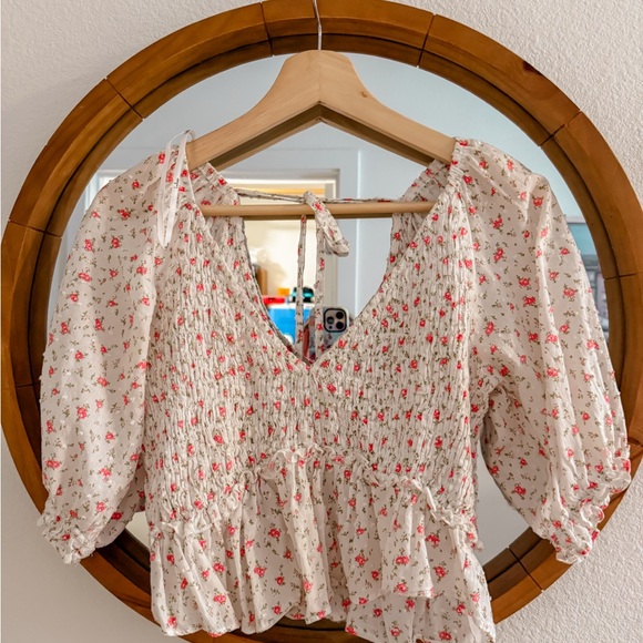 Lulu's White and Red Floral Smocked Blouse - Picture 2 of 5